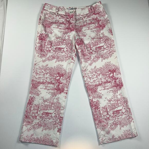 Tibi for Sea Island Pink White Chinoiserie Wide Leg Pants Cottage Herons Size 4